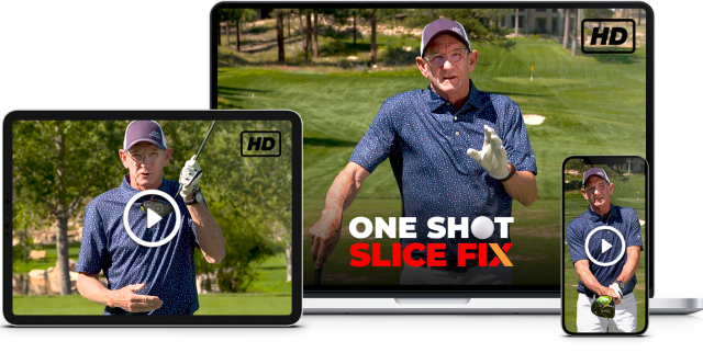 Image featuring Hank Haney's One Shot Slice Fix training course, shown on a desktop, laptop, and mobile device.