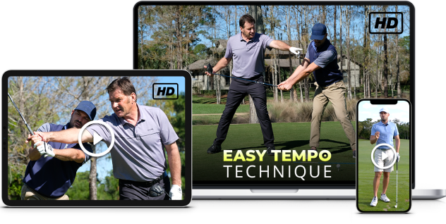 Image featuring Sir Nick Faldo and Eric Cogorno's Easy Tempo Technique training course, shown on a desktop, laptop, and mobile device.