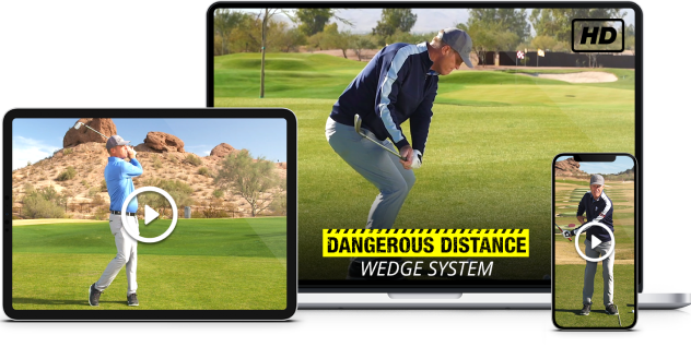 Image featuring James Sieckmann's Dangerous Distance Wedges training course, shown on a desktop, laptop, and mobile device.