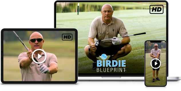 Image featuring Nick Bradley's The Birdie Blueprint training course, shown on a desktop, laptop, and mobile device.