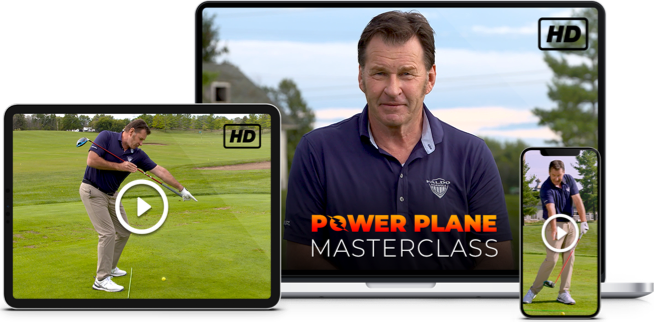 Image featuring Sir Nick Faldo's Power Plane Masterclass training course, shown on a desktop, laptop, and mobile device.