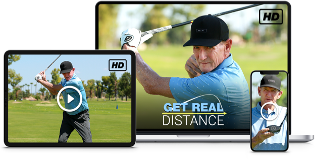 Image featuring Hank Haney's Get Real Distance training course, shown on a desktop, laptop, and mobile device.