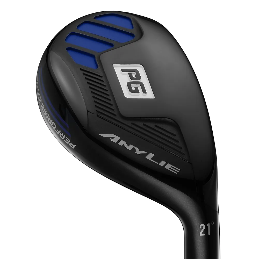 Close-up of the black AnyLie Hybrid clubhead, with blue accents and Performance Golf logo.