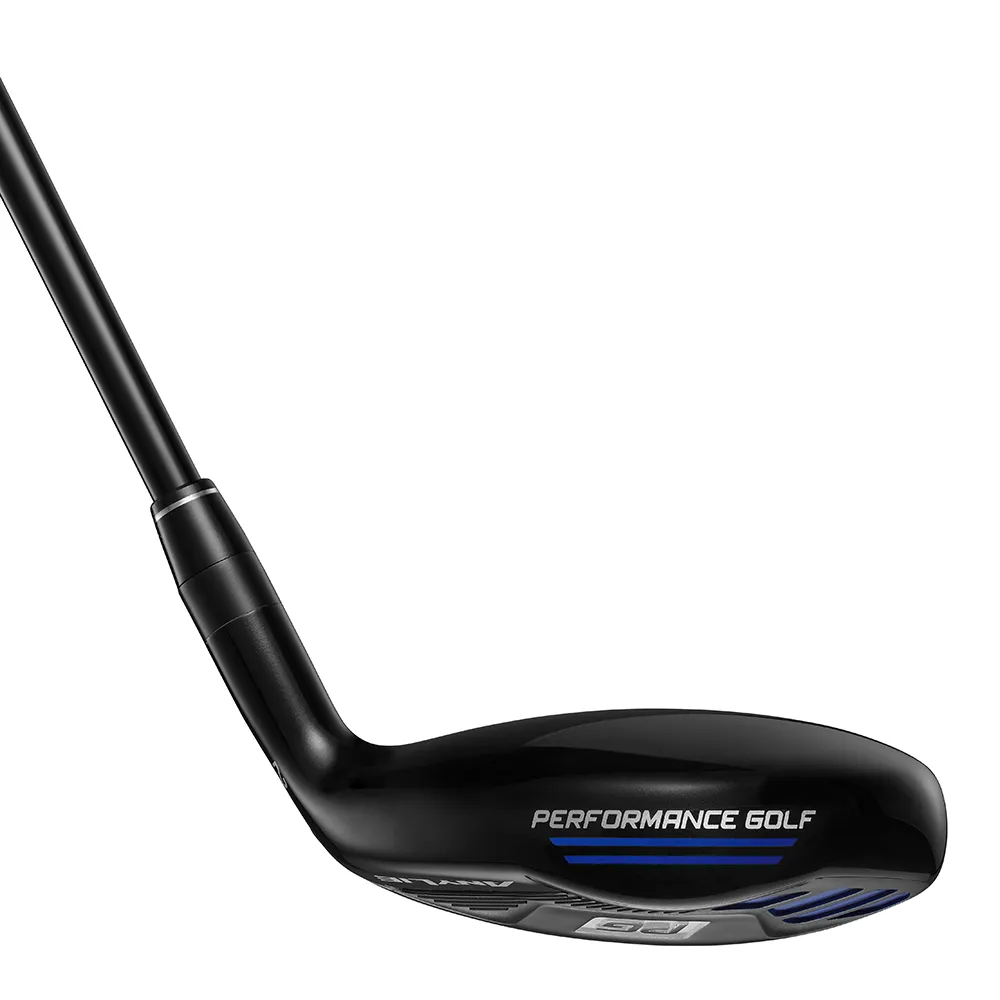 Side view of the black AnyLie Hybrid clubhead, with blue accents and Performance Golf logo.