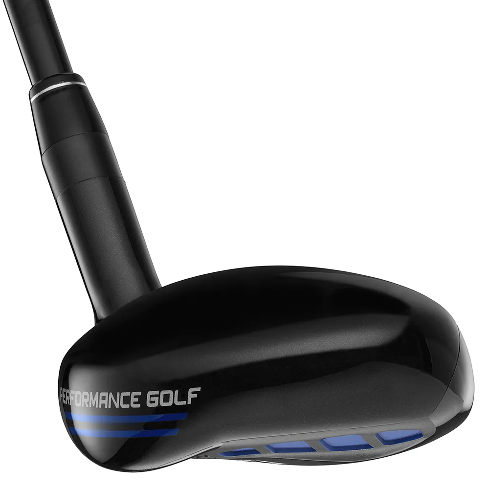 Angled view of the black AnyLie Hybrid clubhead, with blue accents and Performance Golf logo.