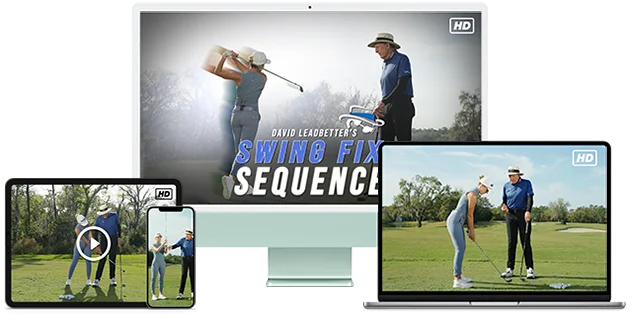 Image featuring David Leadbetter's Swing Fix Sequence training course, shown on a desktop, laptop, and mobile device.