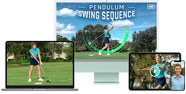 Image featuring Erika Larkin's Pendulum Swing Sequence training course, shown on a desktop, laptop, and mobile device.