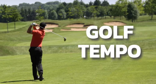 A shot from behind of a golfer wearing a red shirt on the golf course with bunkers and trees in the distance, with white text that reads “golf tempo” on the right of the image.