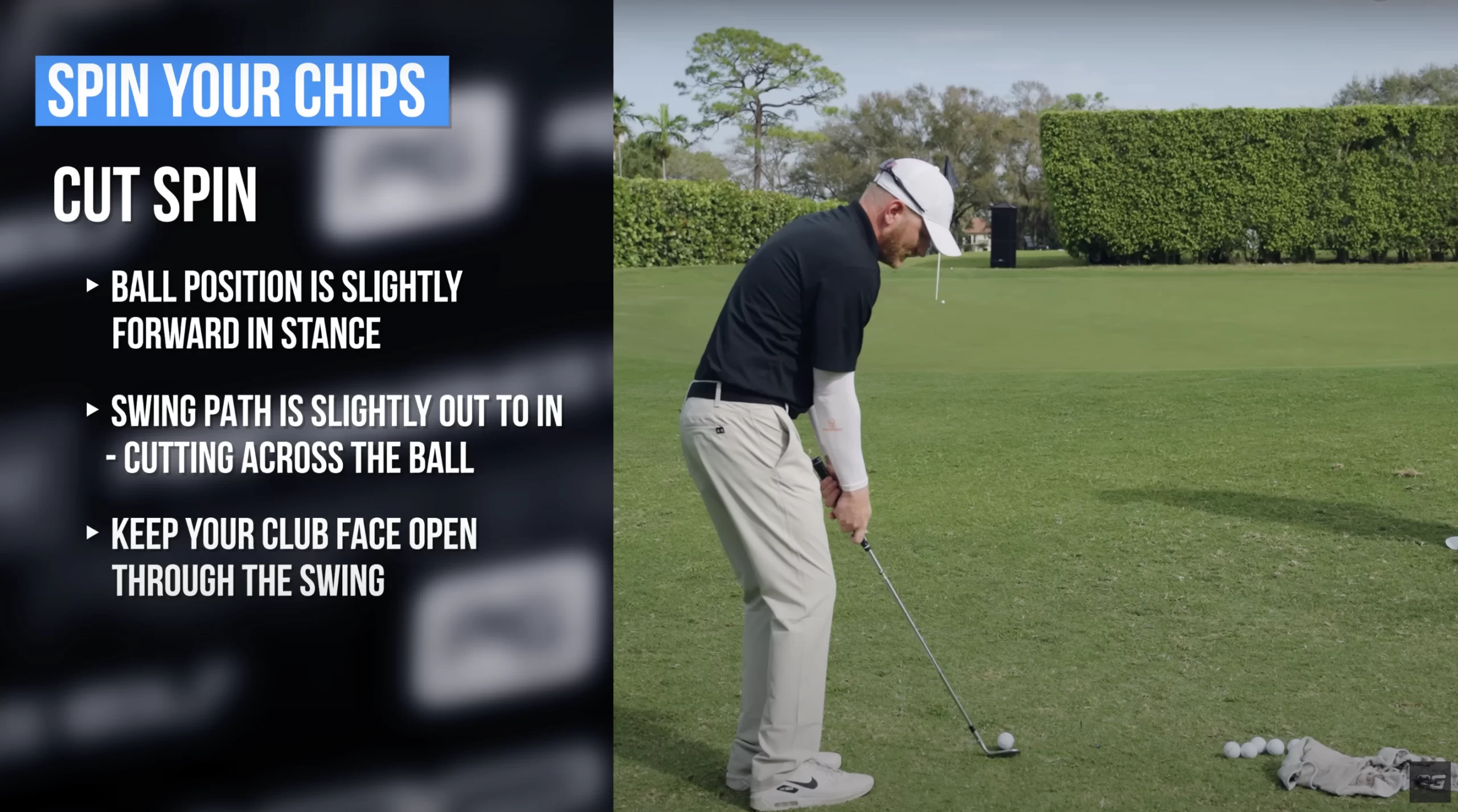 Image featuring Performance Golf coach Derek Deminsky teed up to a ball, with text describing the “cut spin technique” and how to spin your chip shots.