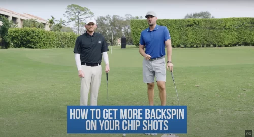 Image featuring Performance Golf coaches Eric Cogorno and Derek Deminsky on the golf course, with the featured text reading how to get more backspin on your chip shots.