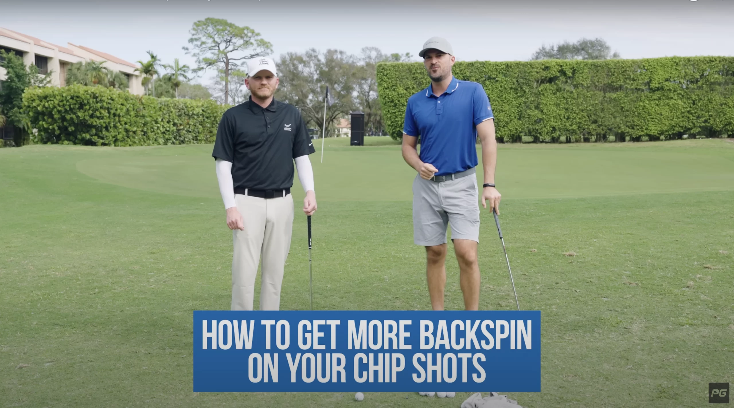 Image featuring Performance Golf coaches Eric Cogorno and Derek Deminsky on the golf course, with the featured text reading how to get more backspin on your chip shots.