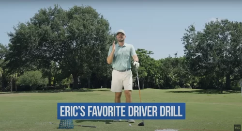 Performance Golf coach Eric Cogorno on the golf course holding a golf club, with the text “Eric’s Favorite Driver Drill” in white text at the bottom of the image.