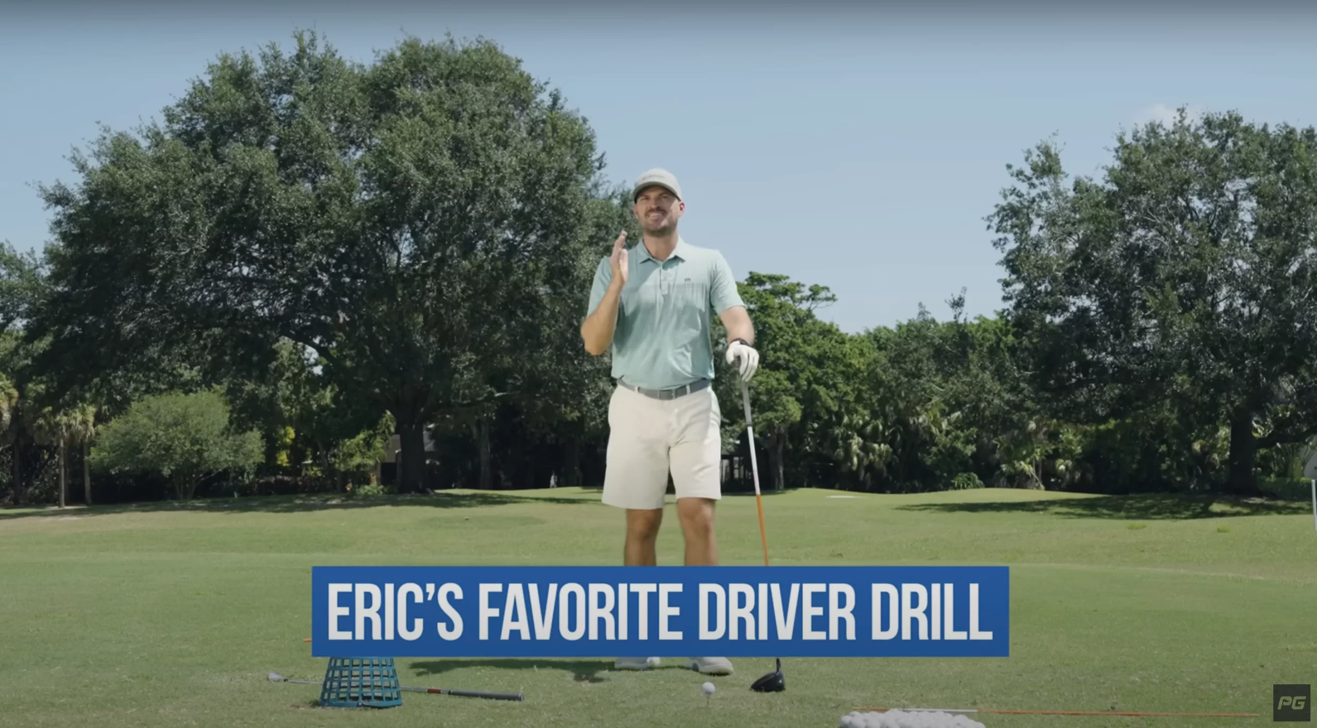 Performance Golf coach Eric Cogorno on the golf course holding a golf club, with the text “Eric’s Favorite Driver Drill” in white text at the bottom of the image.