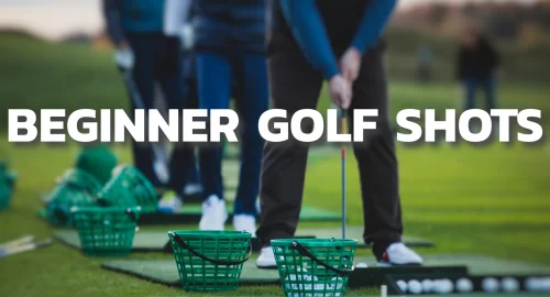 Multiple golfers lined up on a practice green, with various buckets of golf balls and practice putting mats.