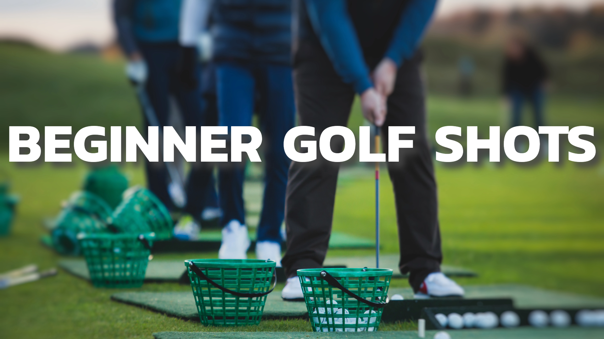 Multiple golfers lined up on a practice green, with various buckets of golf balls and practice putting mats.