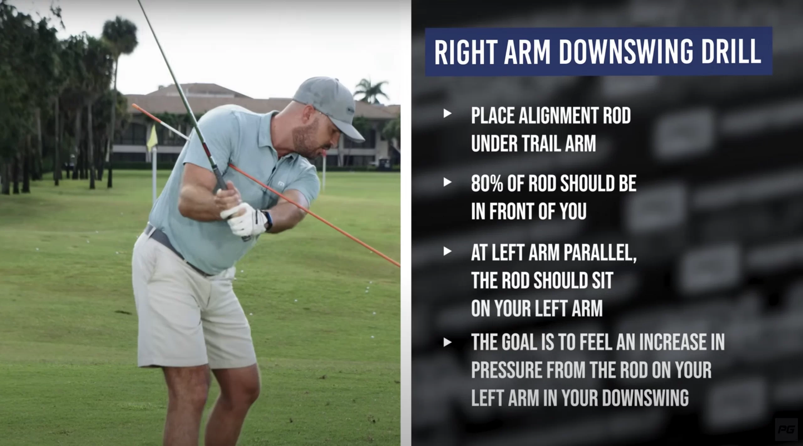 Performance Golf Coach Eric Cogorno on the golf course, with an alignment rod positioned underneath his right arm with a golf club in his hands.