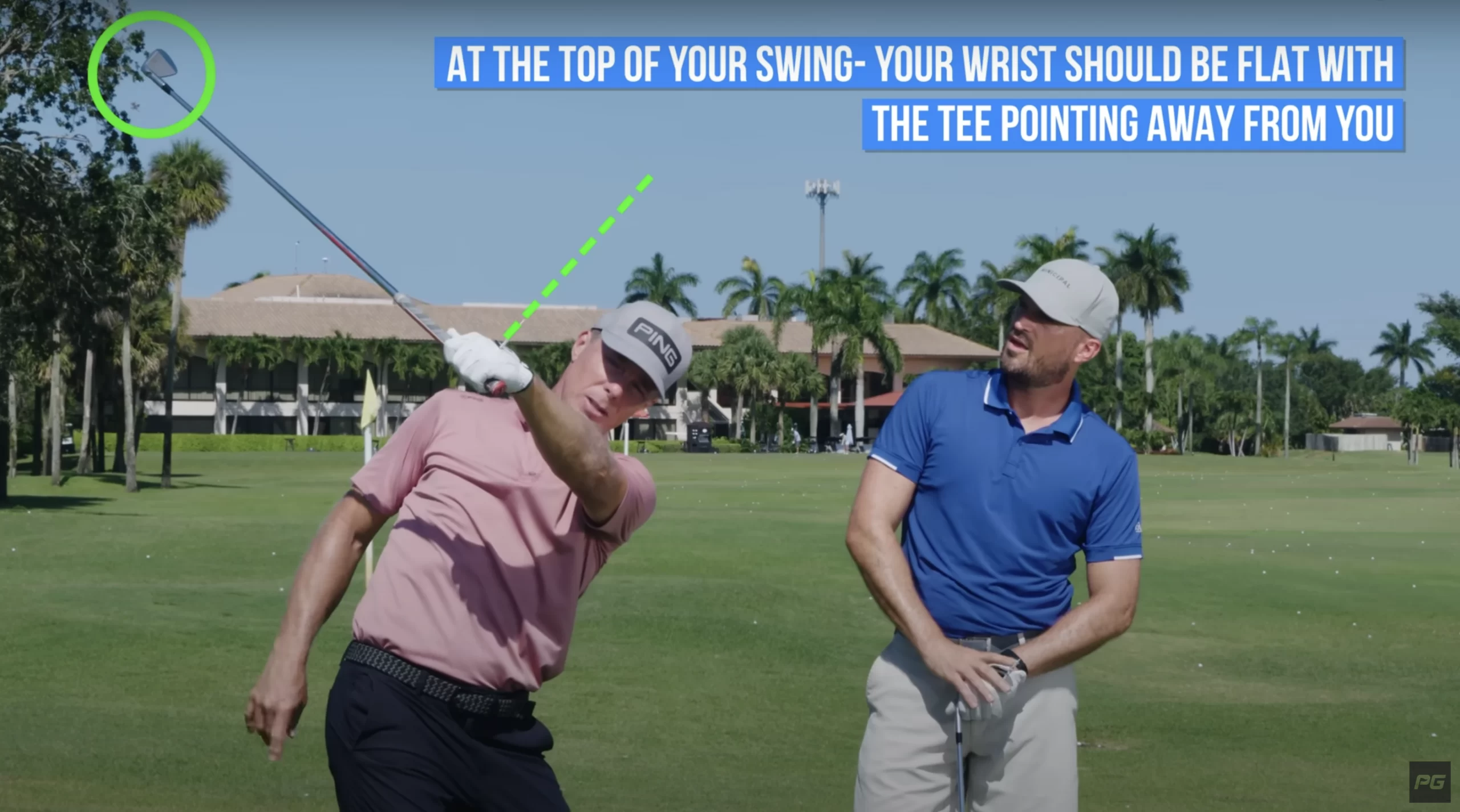 Two golfers on the course, with one holding his golf club in the air showcasing the correct swing movement, with various visual cues and text instructing where your wrist should be.