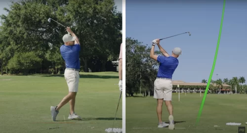 A split screen shot of a golfer on the course, one view from the side view and one from the back, showing the ball flight after the golf swing.